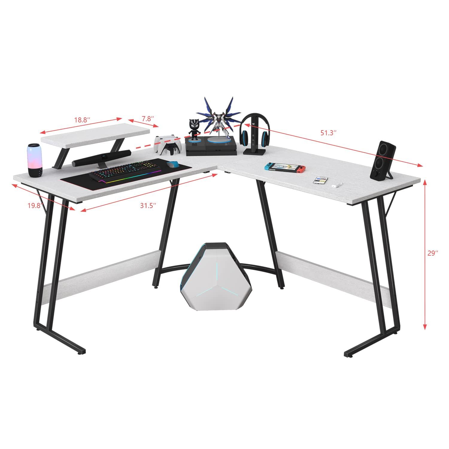 CL.HPAHKL L Shaped Desk Corner Gaming Desk Table with Large Monitor Riser Stand Computer Desk with Large Desktop Studying and Working and Gaming for Home and Work Place（ White 51 Inch ）