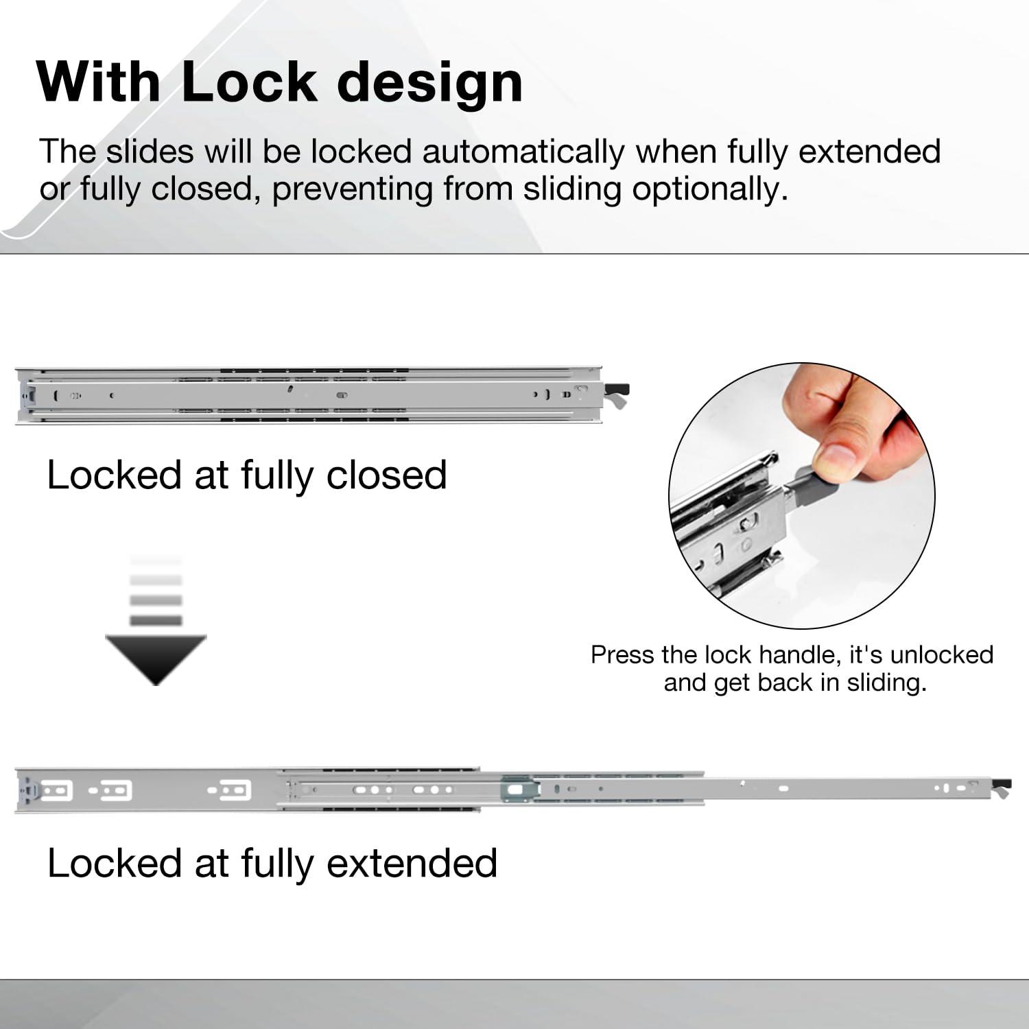 Heavy Duty Locking Drawer Slides Full Extension Runners with Lock 12 14 16 18 20 22 24 26 28 30 32 34 36 38 40 Inch Side Mount Ball Bearing Rails Track Glides 220 Lbs (with Lock, 14 inch) 14 Inch