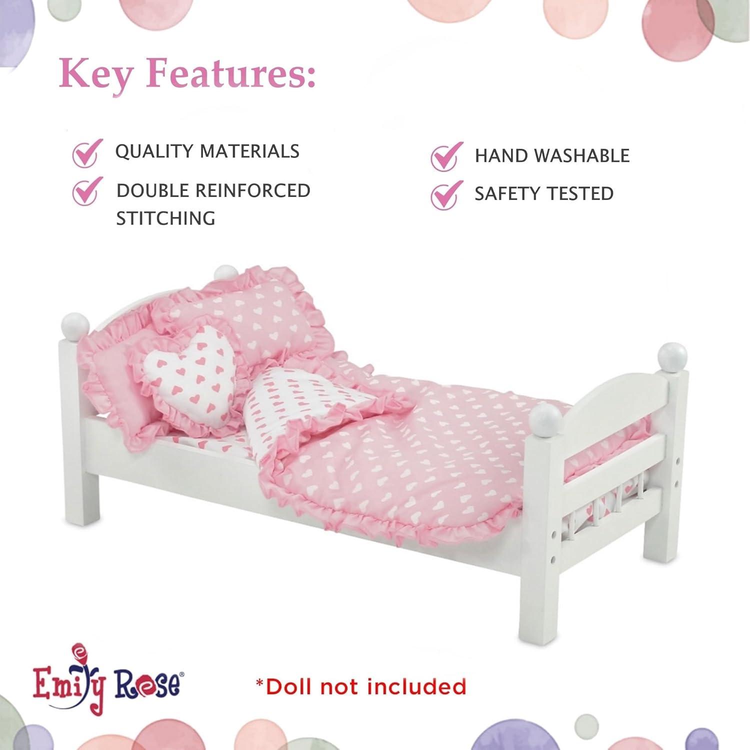 Emily Rose 18-Inch Doll Reverisble Pink Hearts 5-PC Bedding Bundle Set for Toy Beds Bunks Cribs & Cradles | Fits 15" - 18" Doll Bunkbeds - Blanket Pillows Accessories Bed Playset | USA Business