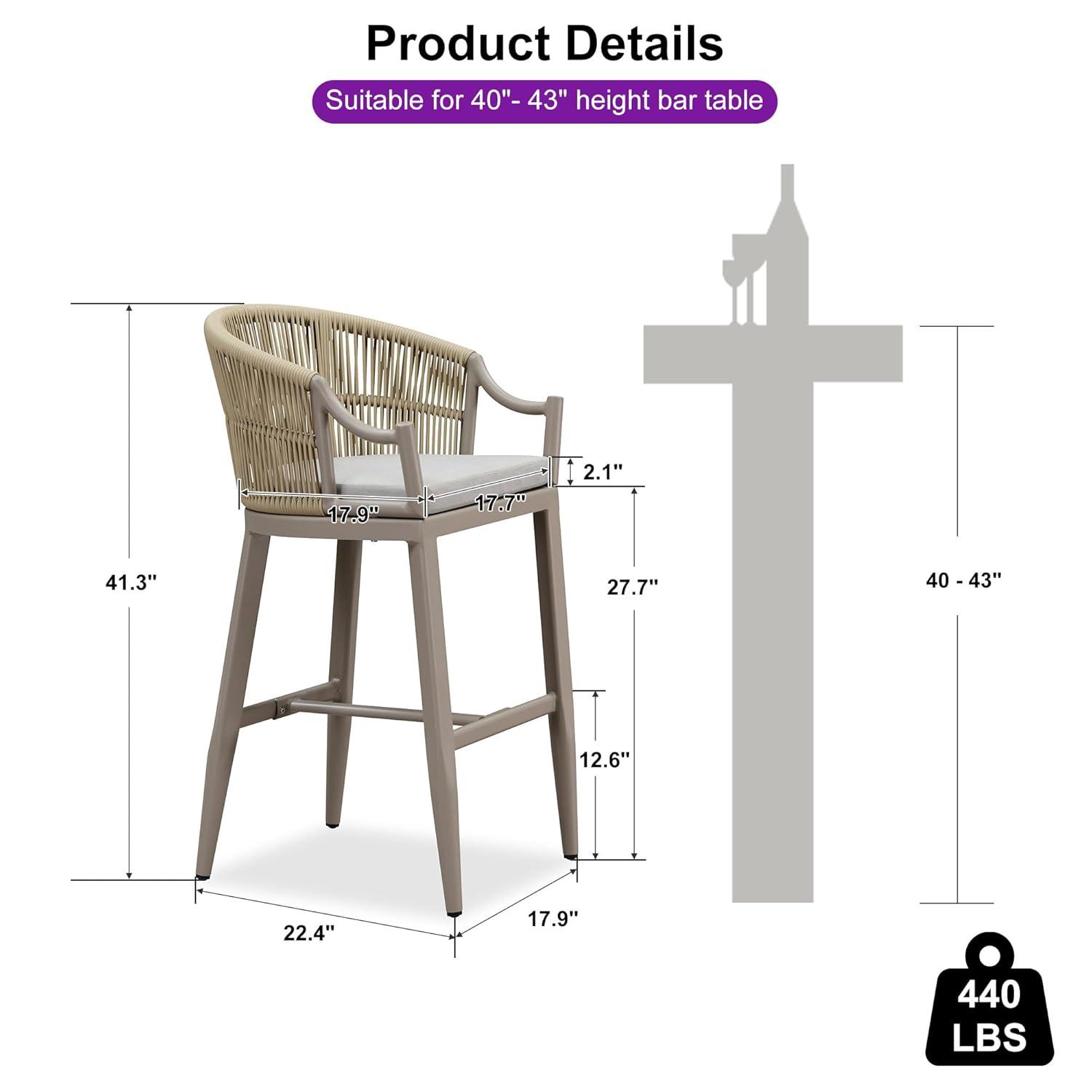 PURPLE LEAF Counter Height Bar Stools Set of 2 Patio Rattan Bar Stool Chairs Outdoor Modern Boho Barstools with Backs and Ergonomic Armrest for Balcony Garden Indoor Kitchen Island, Champagne