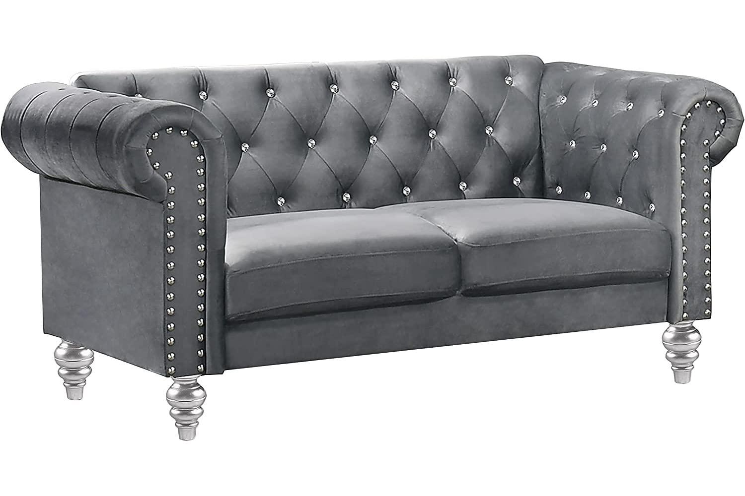 New Classic Furniture Emma Crystal Velvet Fabric Loveseat in Gray
