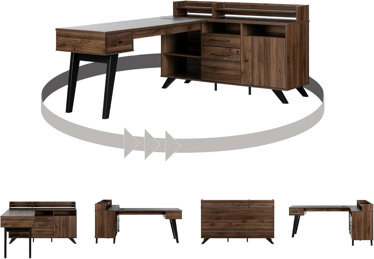 Natural Walnut L-Shaped Executive Desk with Hutch and Power Outlet