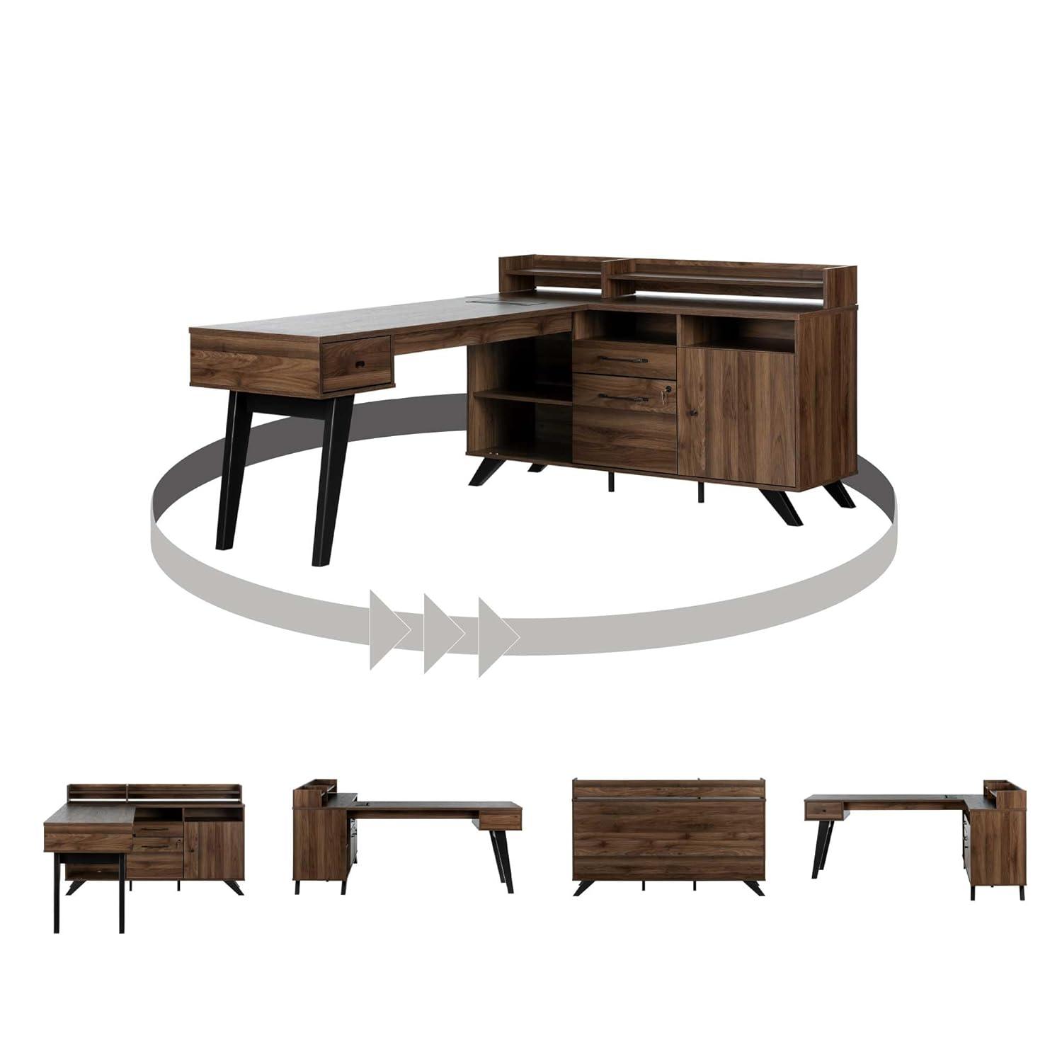Helsy L-Shaped Desk with Power Bar and Removable Hutch Natural Walnut