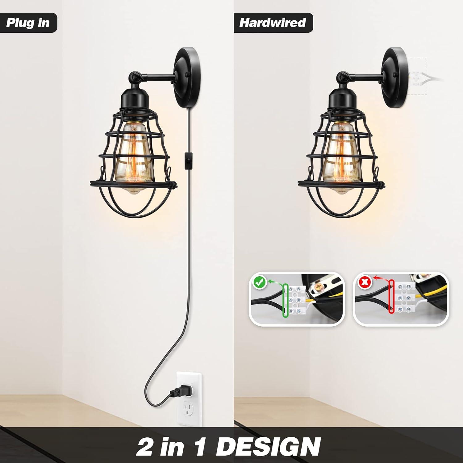 Black Industrial Wire Cage Plug-In Wall Sconces Set