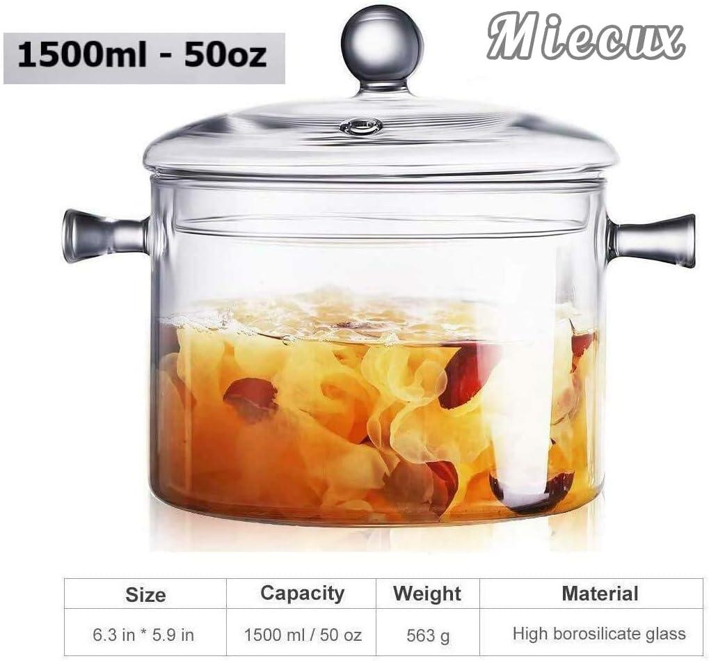 Ghojet Glass Saucepan with Lid 50oz Glass Cooking Pot Non-Stick Stovetop Saucepan Heat Resistant Glass Cookware Pot High Borosilicate Glass Stovetop Pot Even Heating for Soup Sauce Stew