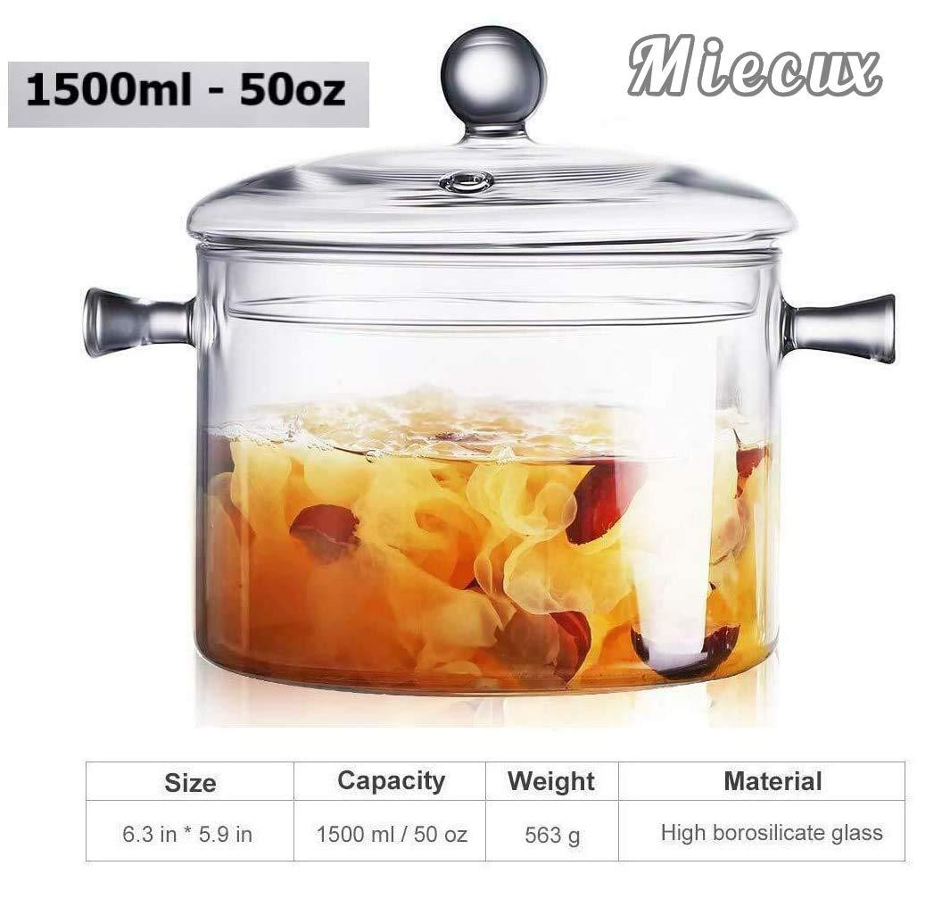 Ghojet Glass Saucepan with Lid 50oz Glass Cooking Pot Non-Stick Stovetop Saucepan Heat Resistant Glass Cookware Pot High Borosilicate Glass Stovetop Pot Even Heating for Soup Sauce Stew