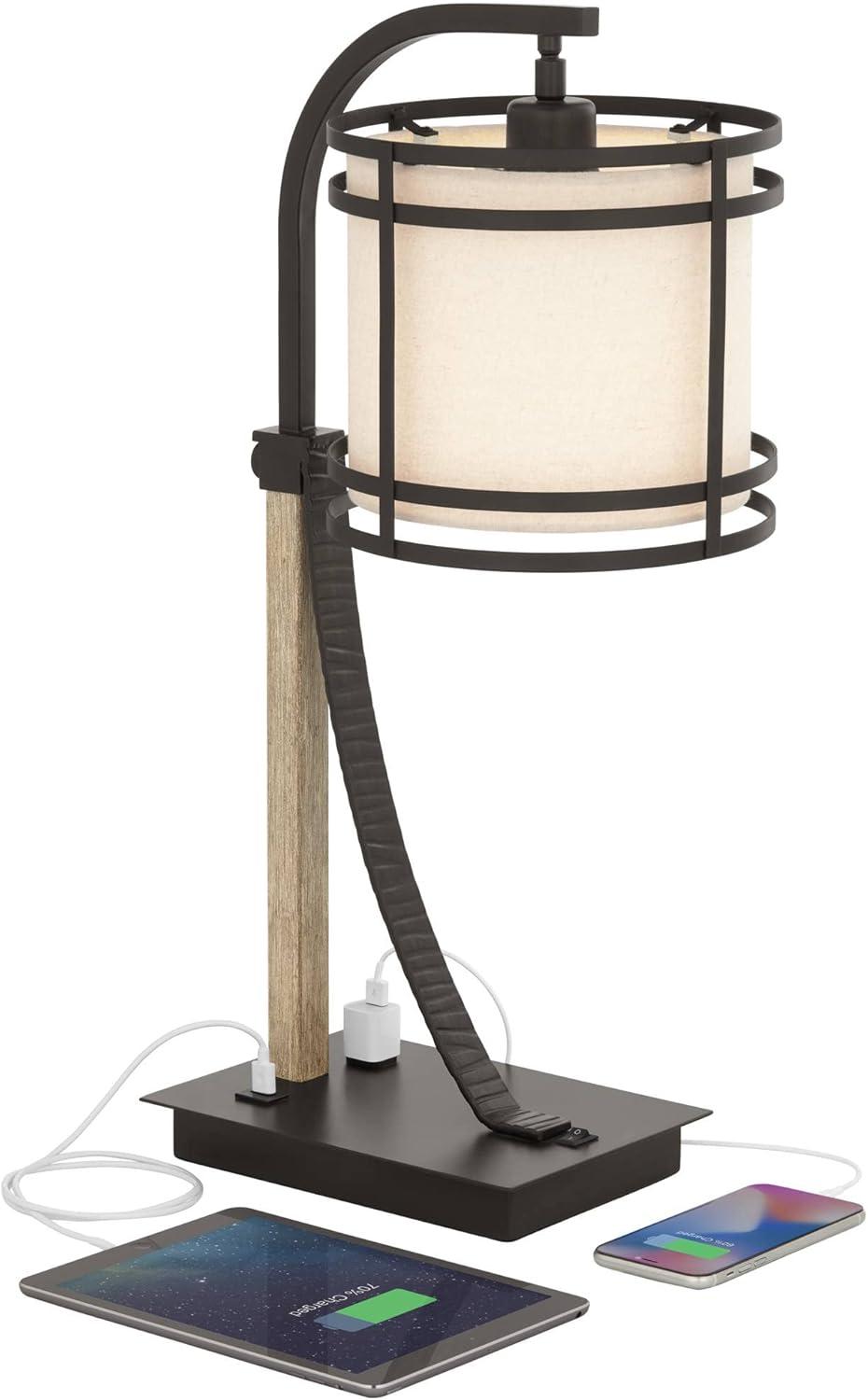 Franklin Iron Works Gentry Industrial Desk Lamp 22" High Oil Rubbed Bronze Faux Wood Cage with USB and AC Power Outlet in Base Oatmeal Shade for Desk