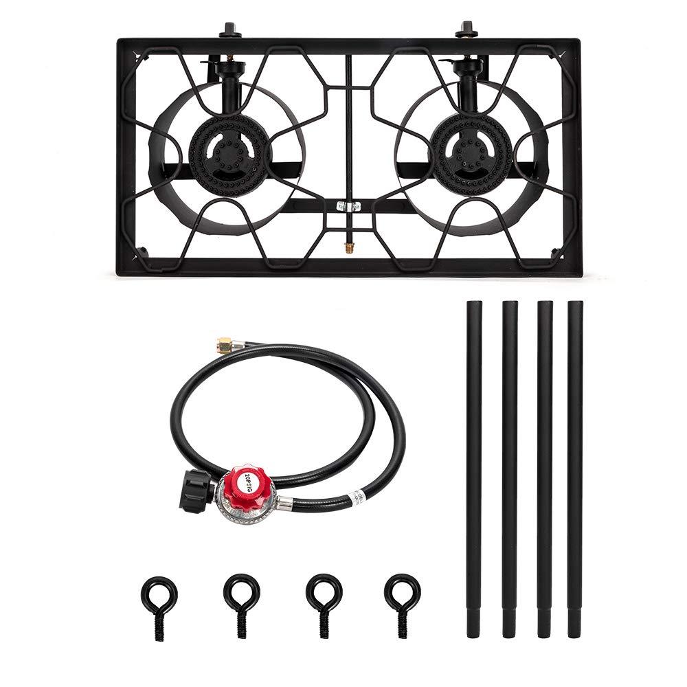 Hassch Outdoor Camp Stove Propane Gas Cooker Portable Cast Iron Patio Cooking Burner (Double Burner 150000-BTU), Black