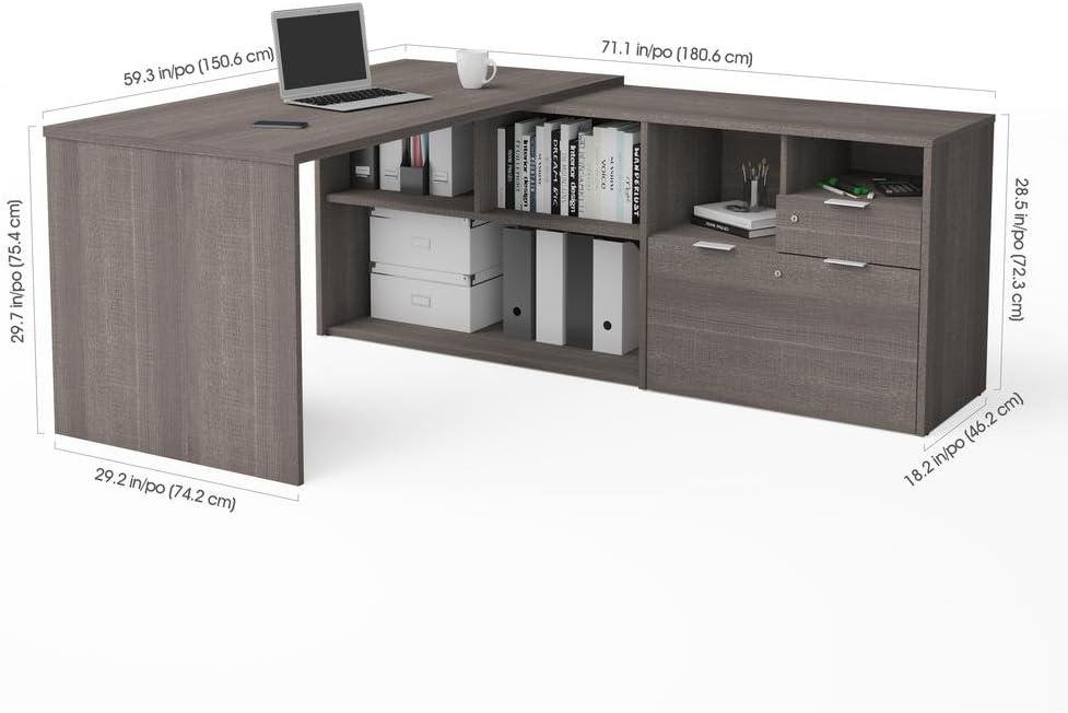 Bark Grey L-Shaped Wood Home Office Desk with Drawer