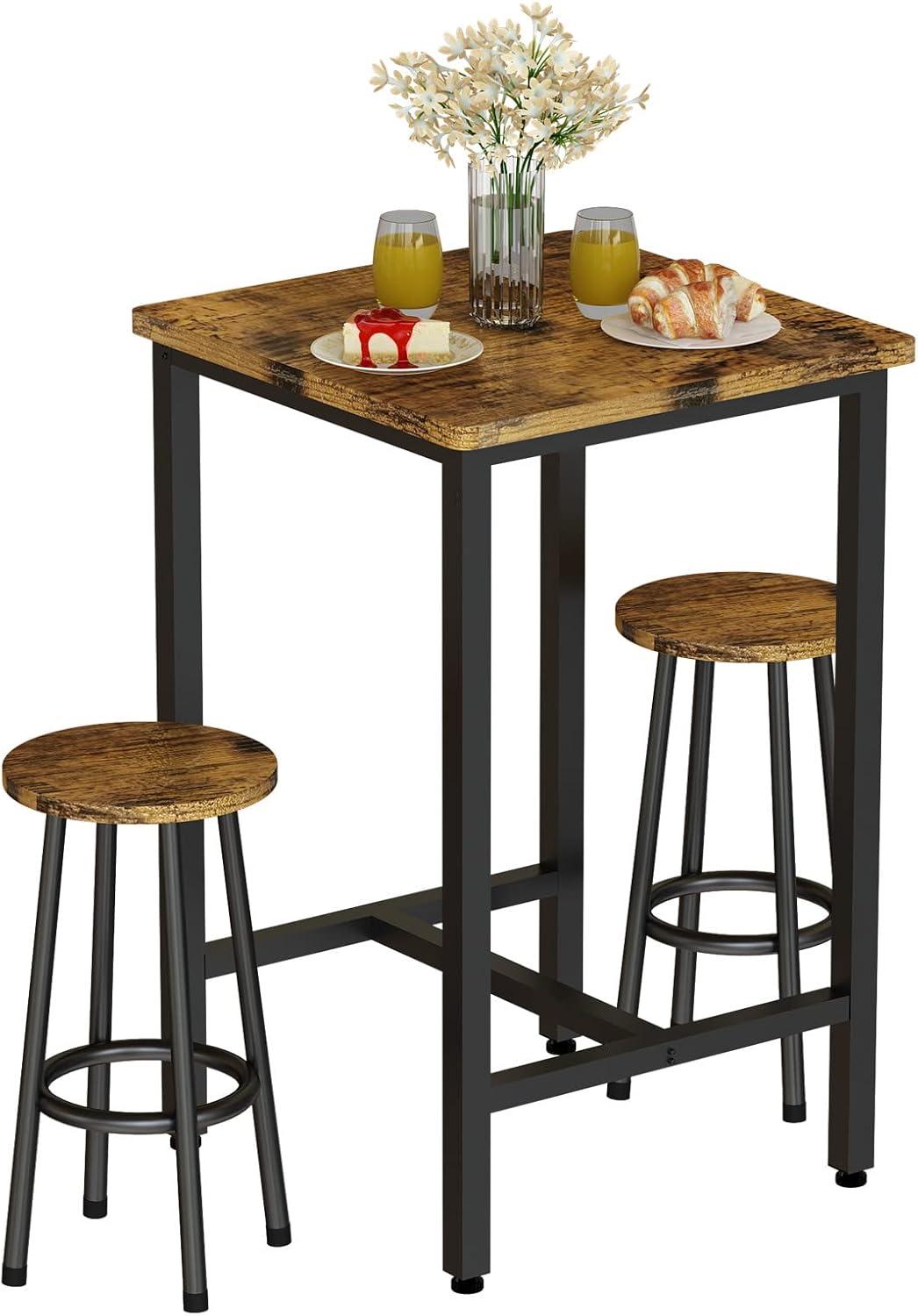 Rustic Brown Square Pub Table Set with Metal Frame and 2 Stools