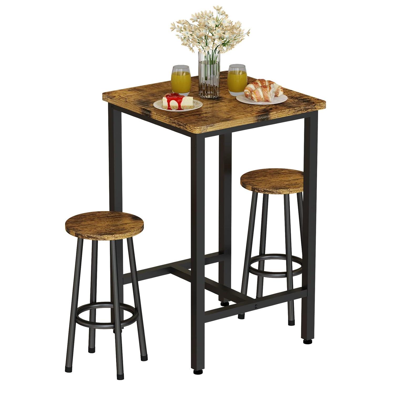 Rustic Brown Square Pub Table Set with Metal Frame and 2 Stools
