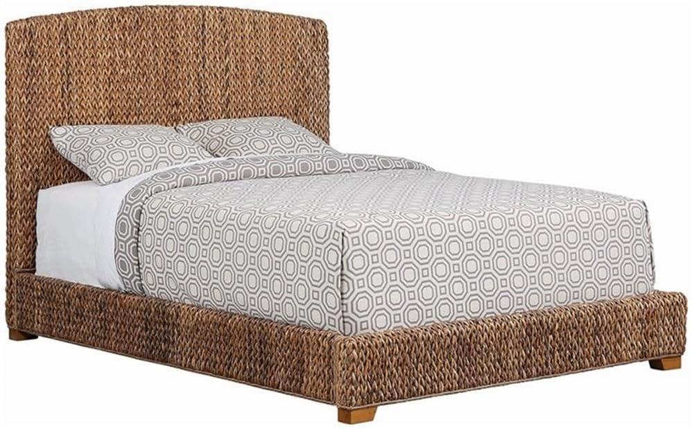 Amber Brown Honey Queen Bed with Banana Leaf Upholstered Headboard