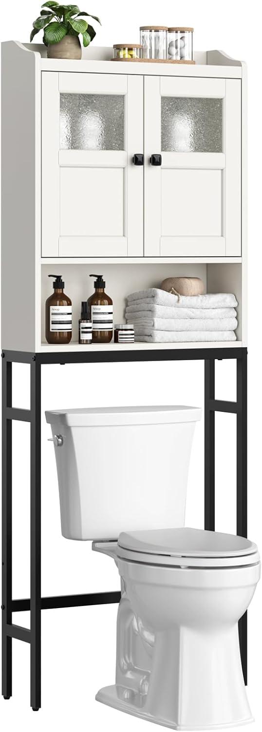 Cream White Over-Toilet Cabinet with Adjustable Shelving and Black Iron Legs