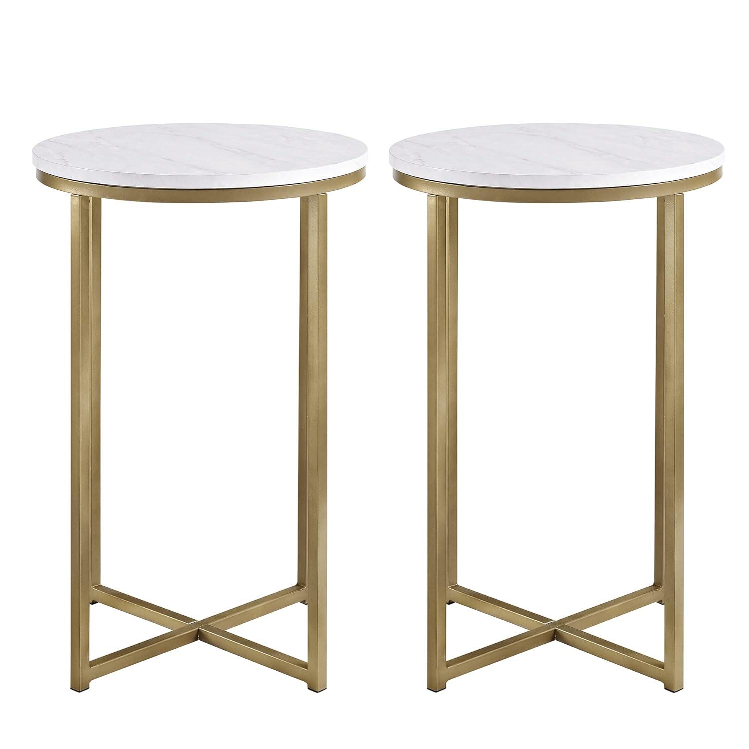 Walker Edison Cora Modern Faux Marble Round Accent Table with X Base, 2 pack, Marble and Gold