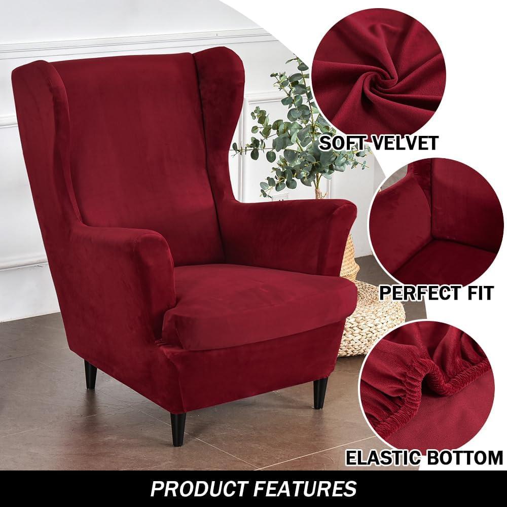 Wing Chair Slipcovers, 2 Piece Stretch Wingback Chair Cover Soft Velvet Armchair Covers with Elastic Bottom for Living Room Bedroom (Wine red)