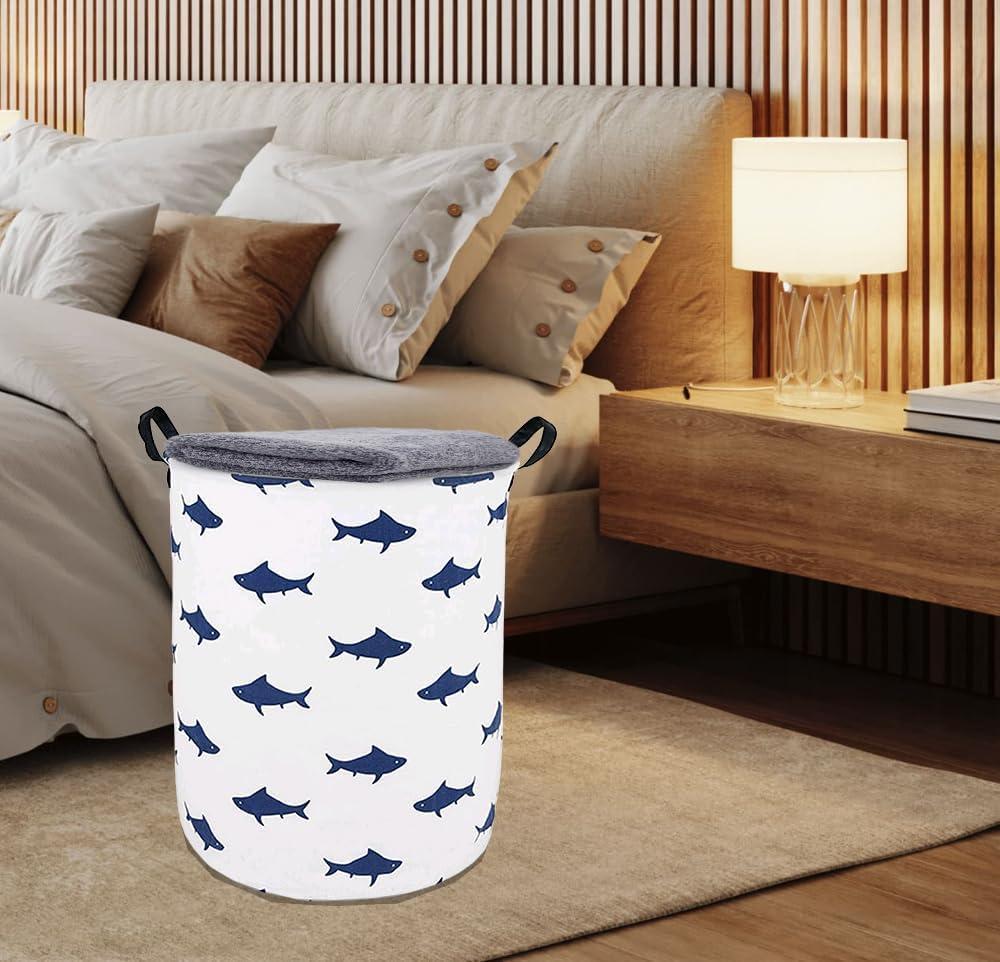 HUAYEE Round Laundry Basket Waterproof Round Cotton Linen Collapsible Storage bin with Handles for Hamper Kids Room,Toy Storage(navy shark)