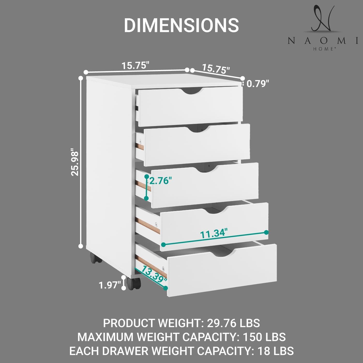 Taylor 5 Drawer Chest, Wood Storage Dresser Cabinet with Wheels, Craft Storage Organization, Makeup Drawer Unit for Closet, Bedroom, Office File Cabinet 180 lbs Total Capacity, Color: White