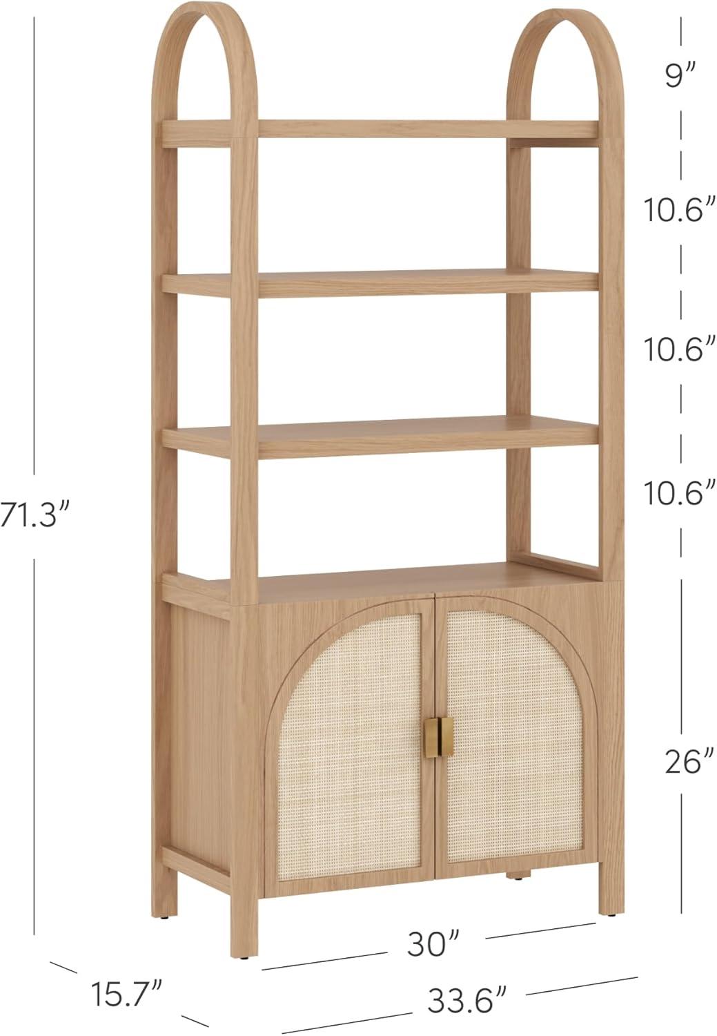 Boho 3-Shelf Bookshelf Cabinet With Rattan Doors
