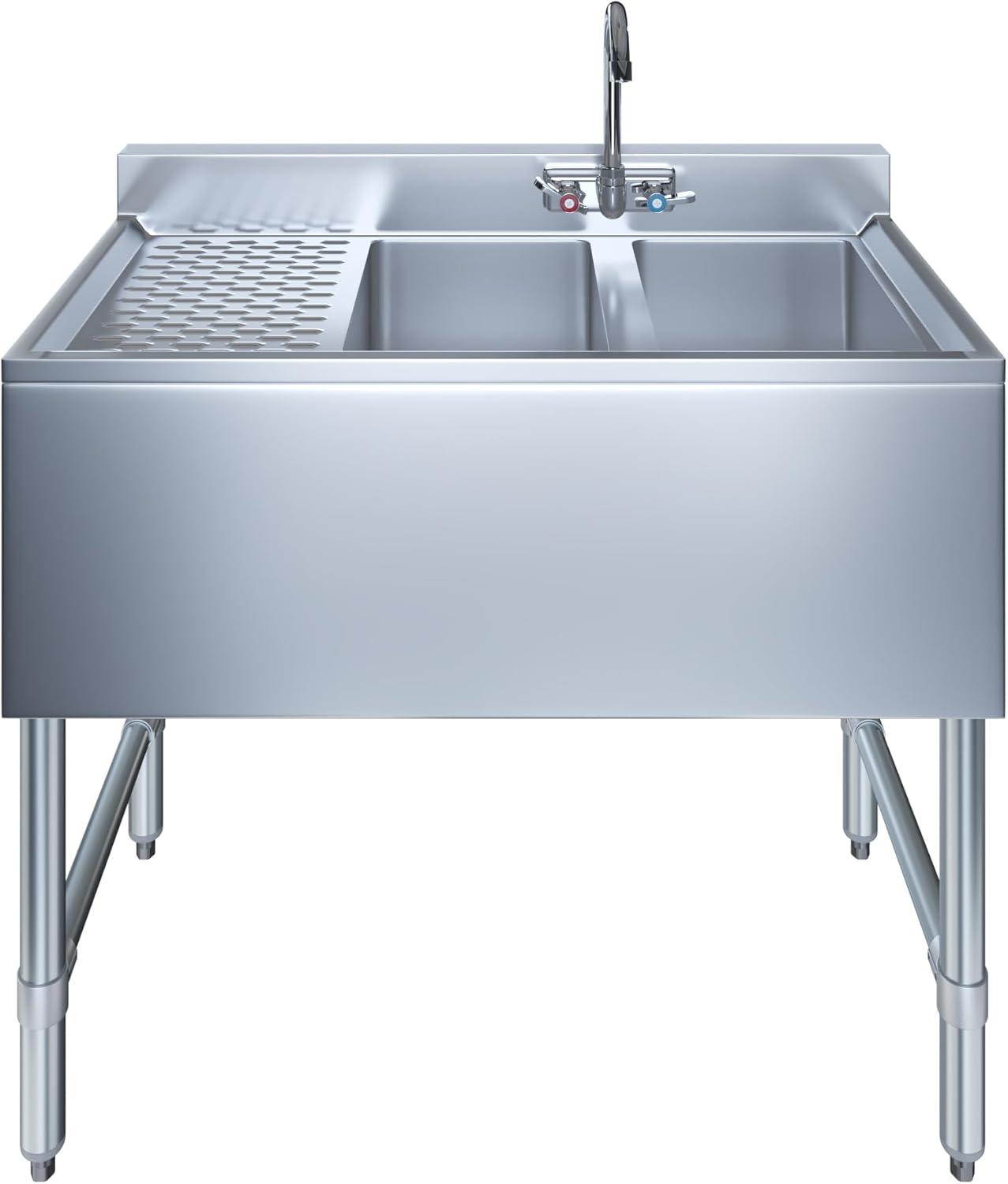 2 Compartment Under Bar Sink With 12″ Left Drainboard and Faucet – 36″ X 18 3/4″