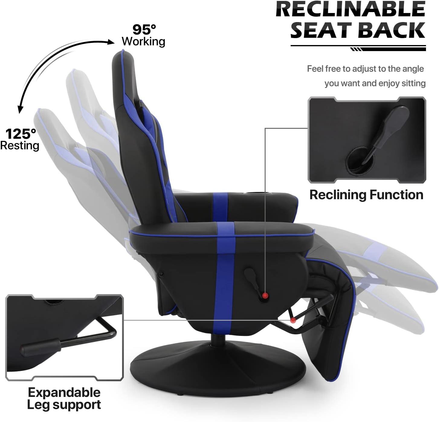 MoNiBloom Video Gaming Chair Ergonomic Recliner Racing Chair, High Back Swivel Chair with Adjustable Footrest and Backrest, Headrest and Cup Holder, Blue