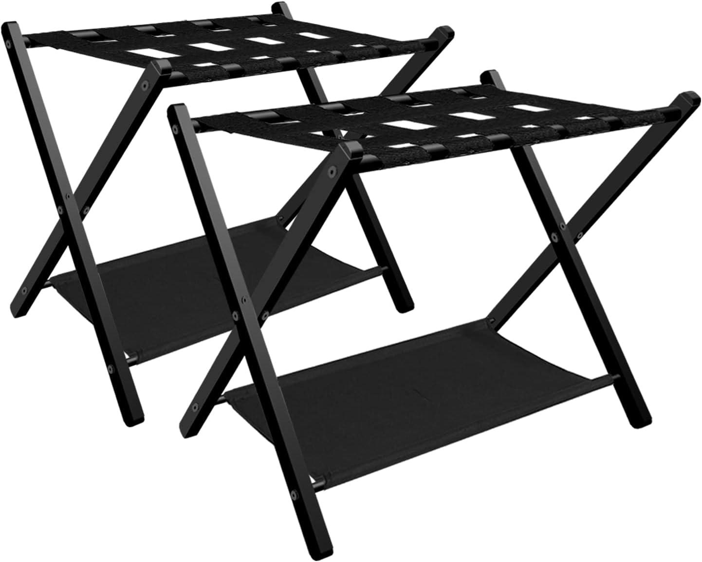 Black Steel Folding Luggage Rack with Storage Shelf, Set of 2