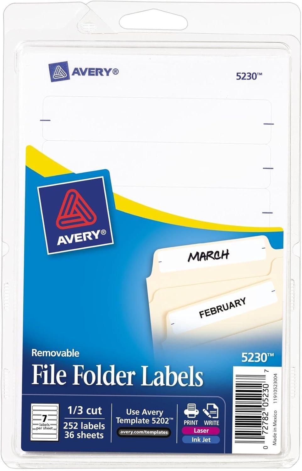 Avery Removable 1/3-Cut File Folder Labels Inkjet/Laser .66 x 3.44 White 252/PK 5230