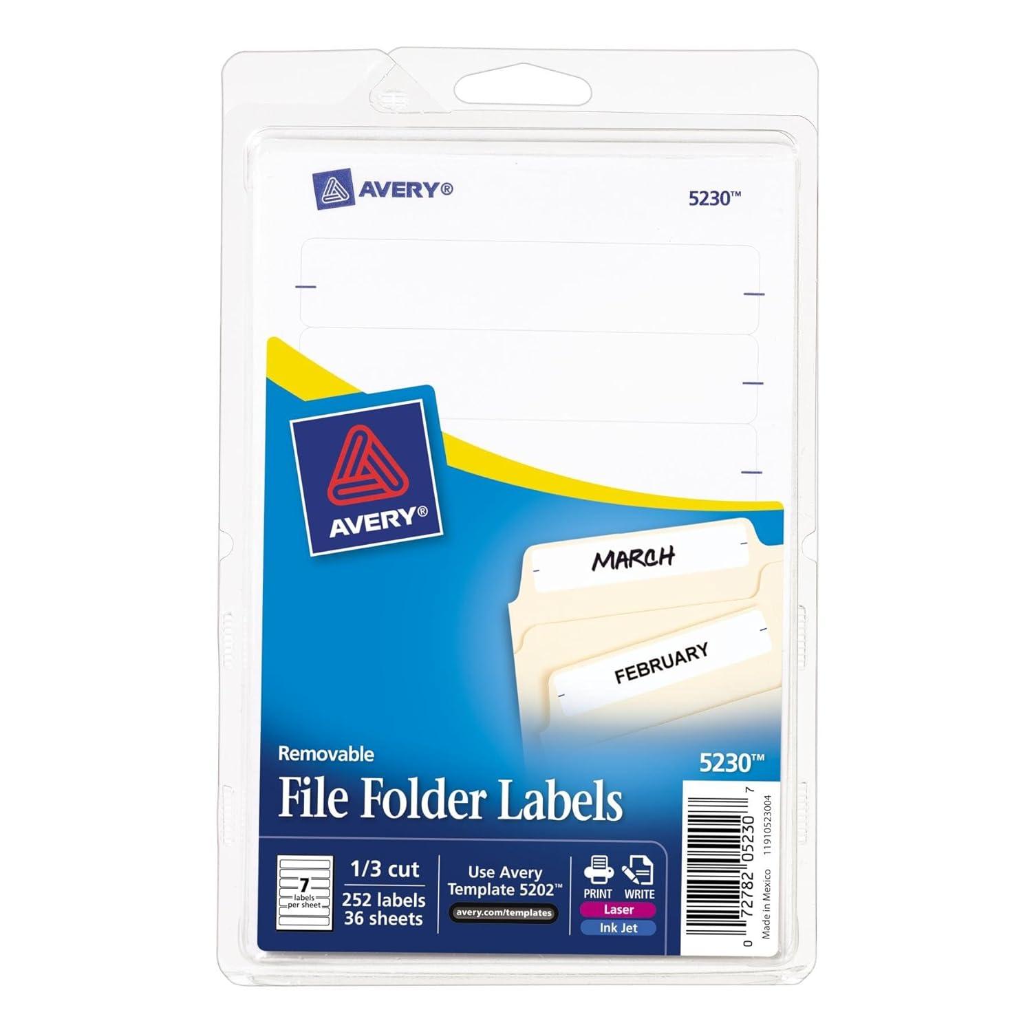 Avery Removable 1/3-Cut File Folder Labels Inkjet/Laser .66 x 3.44 White 252/PK 5230