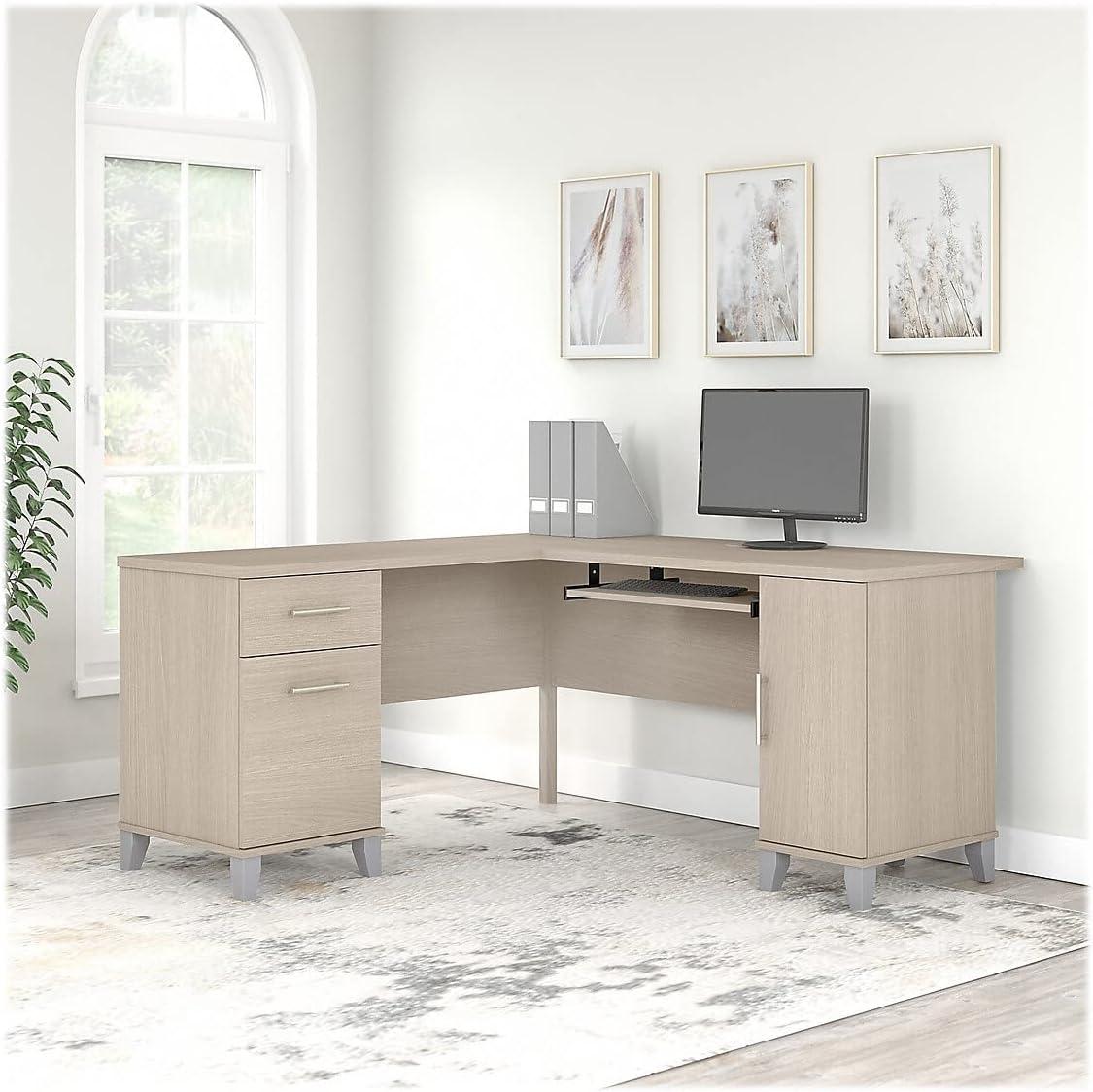 Bush Furniture Somerset 60" L Shaped Desk with Storage, Sand Oak