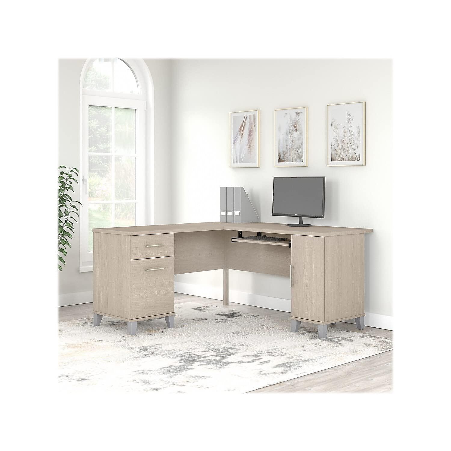 Bush Furniture Somerset 60" L Shaped Desk with Storage, Sand Oak