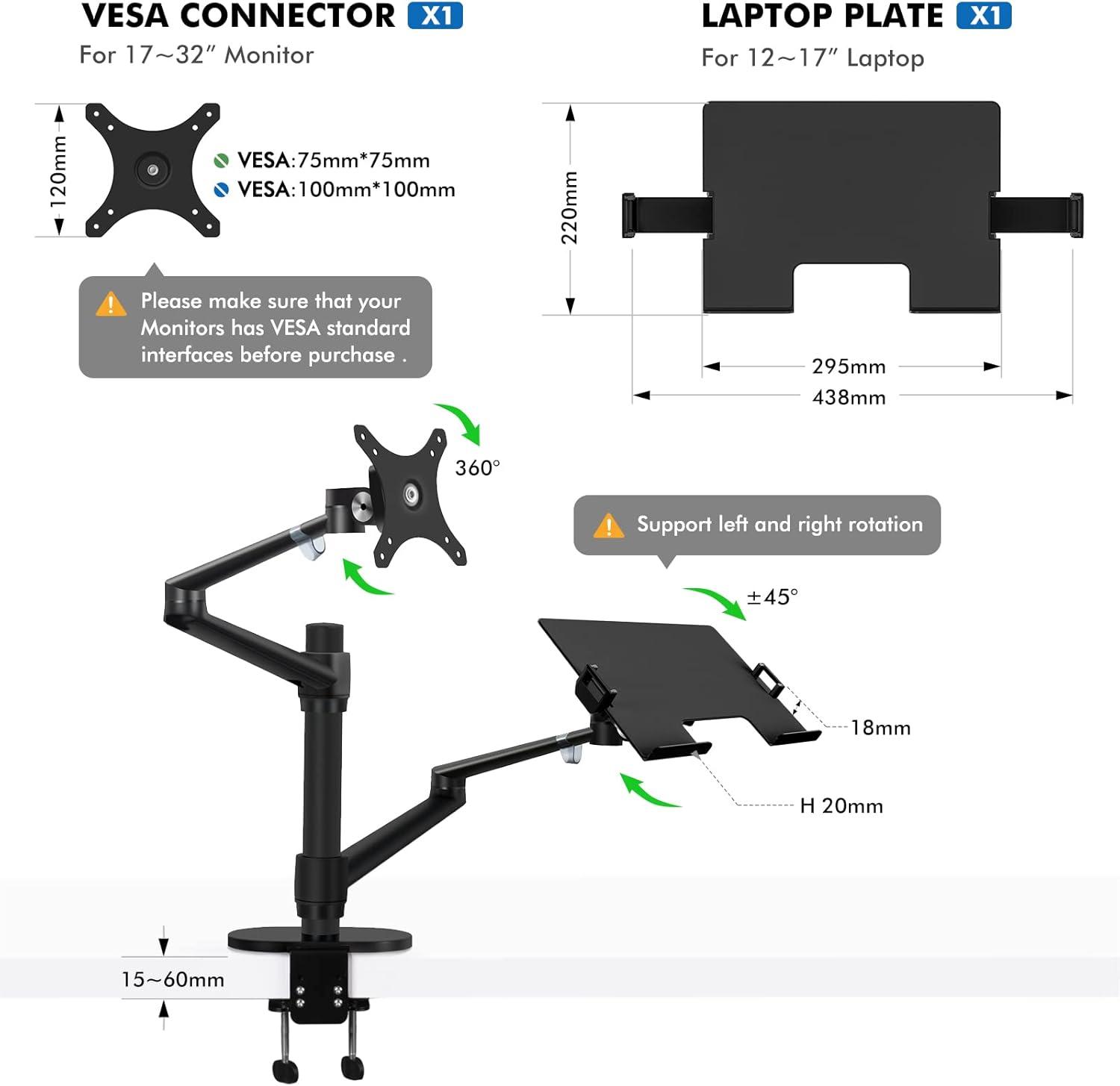 Viozon Monitor and Laptop Mount, 2-in-1 Adjustable Dual Arm Desk Mounts Single Desk Arm Stand/Holder for 17 to 32 Inch LCD Computer Screens, Extra Tray Fits 12 to 17 inch Laptops (Black)