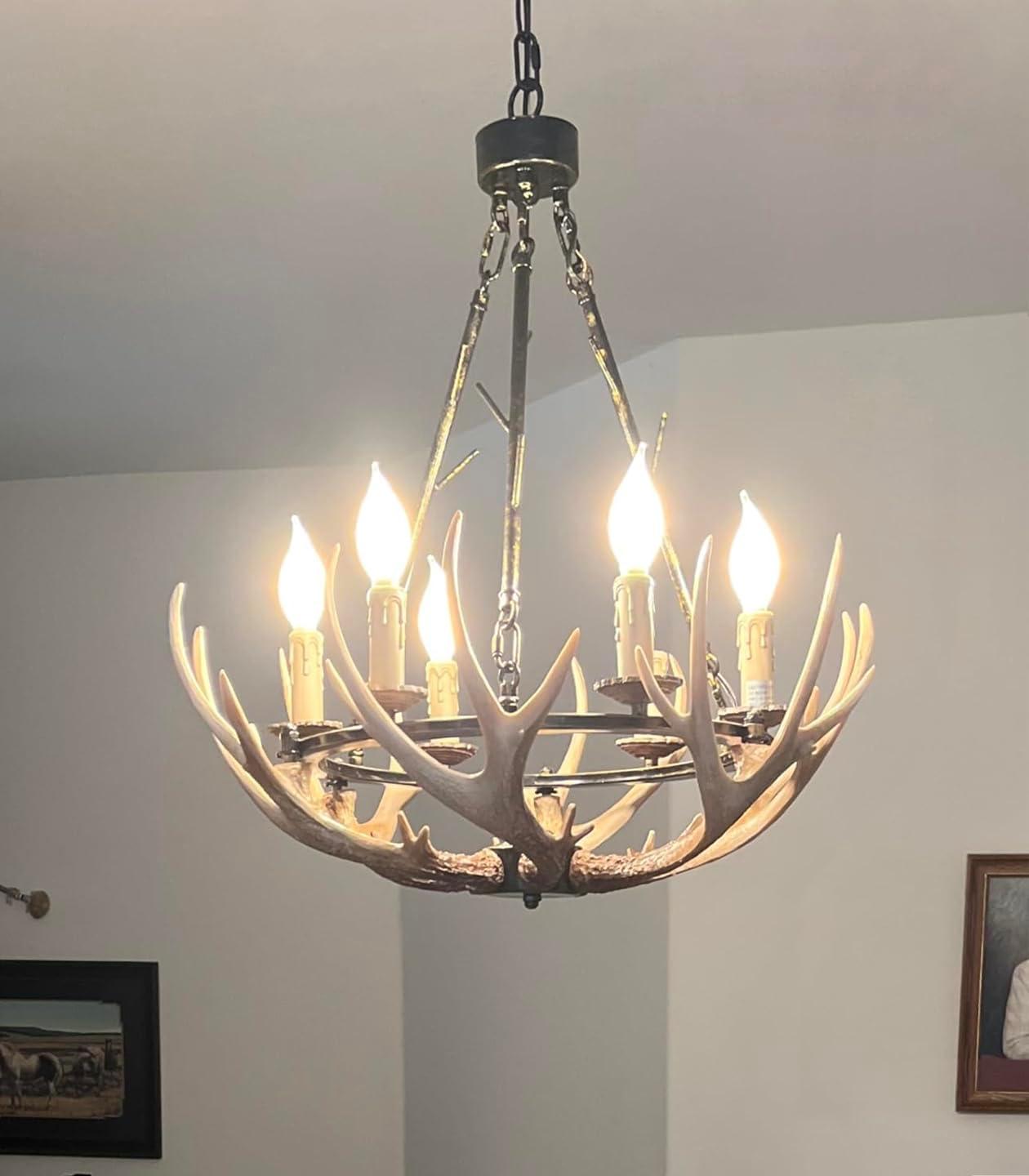 Rustic Antler Chandelier 6 Lights, Farmhouse Chandeliers with Resin 6 Antlers and Retro Metal Wagon Wheel Chandelier Vintage Style for Dining Room, Kitchen, Island, Living Room UL Listed