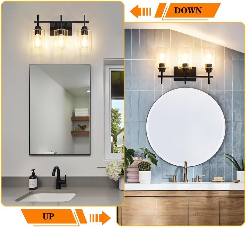 3-Light Bathroom Light Fixtures Bathroom Vanity Lights with Clear Glass Shades Matte Black Bathroom Light Fixtures over mirror for Mirror Living Room Cabinet Bedroom Porch