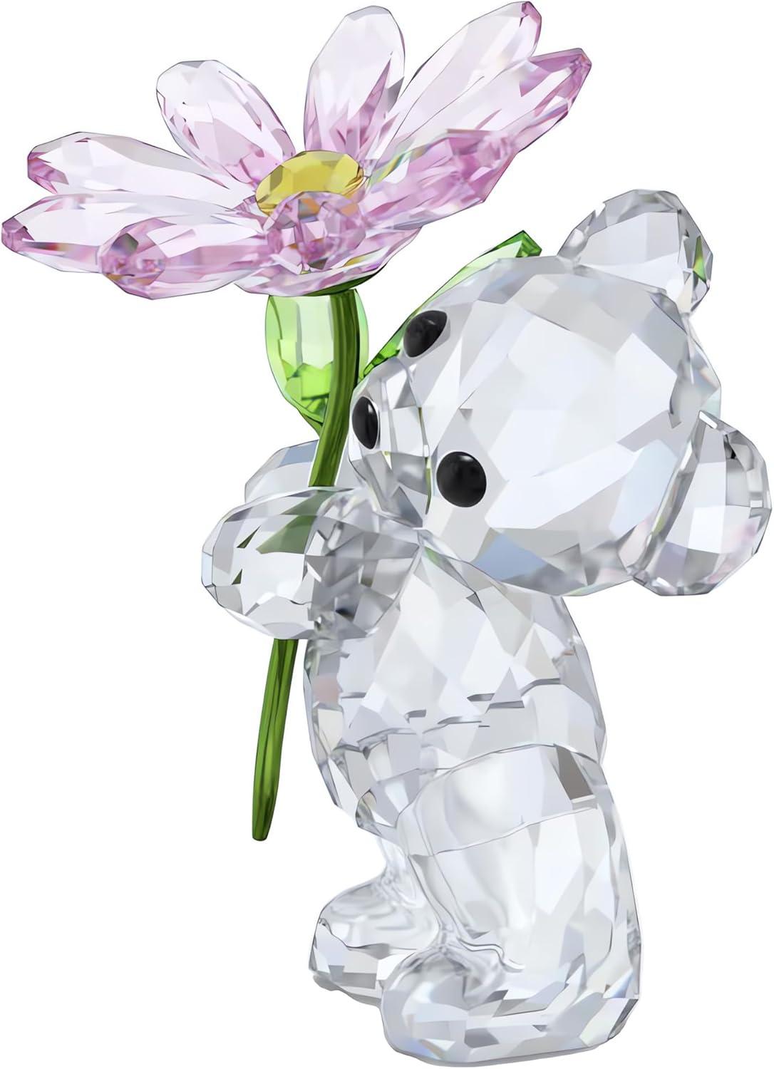 Crystal Bear Figurine with Pink Daisy Flower