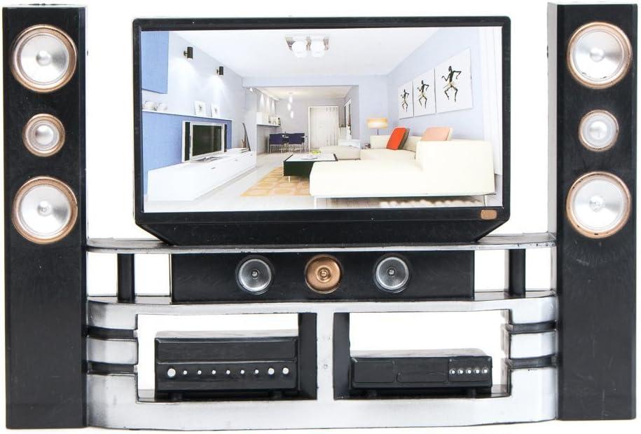 Miniature Black and Silver Hi-Fi TV Cabinet Set for Dollhouses