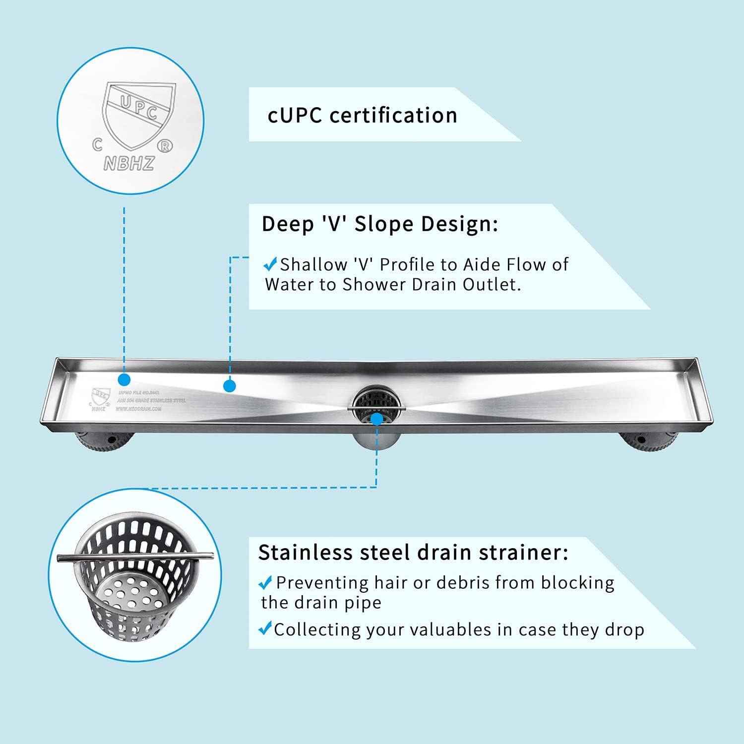 Neodrain 18-Inch Linear Shower Drain- with 2-in-1 Flat & Tile Insert Cover, Brushed 304 Stainless Steel Rectangle Shower Floor Drain,Floor Shower Drain