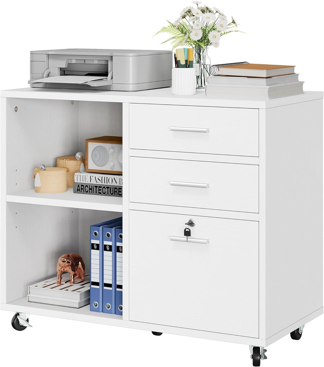 DWVO 3 Drawer Wood Lateral Filing Cabinet with Locks, Printer Stand Storage File Cabinet with Shelves for Home Office, White