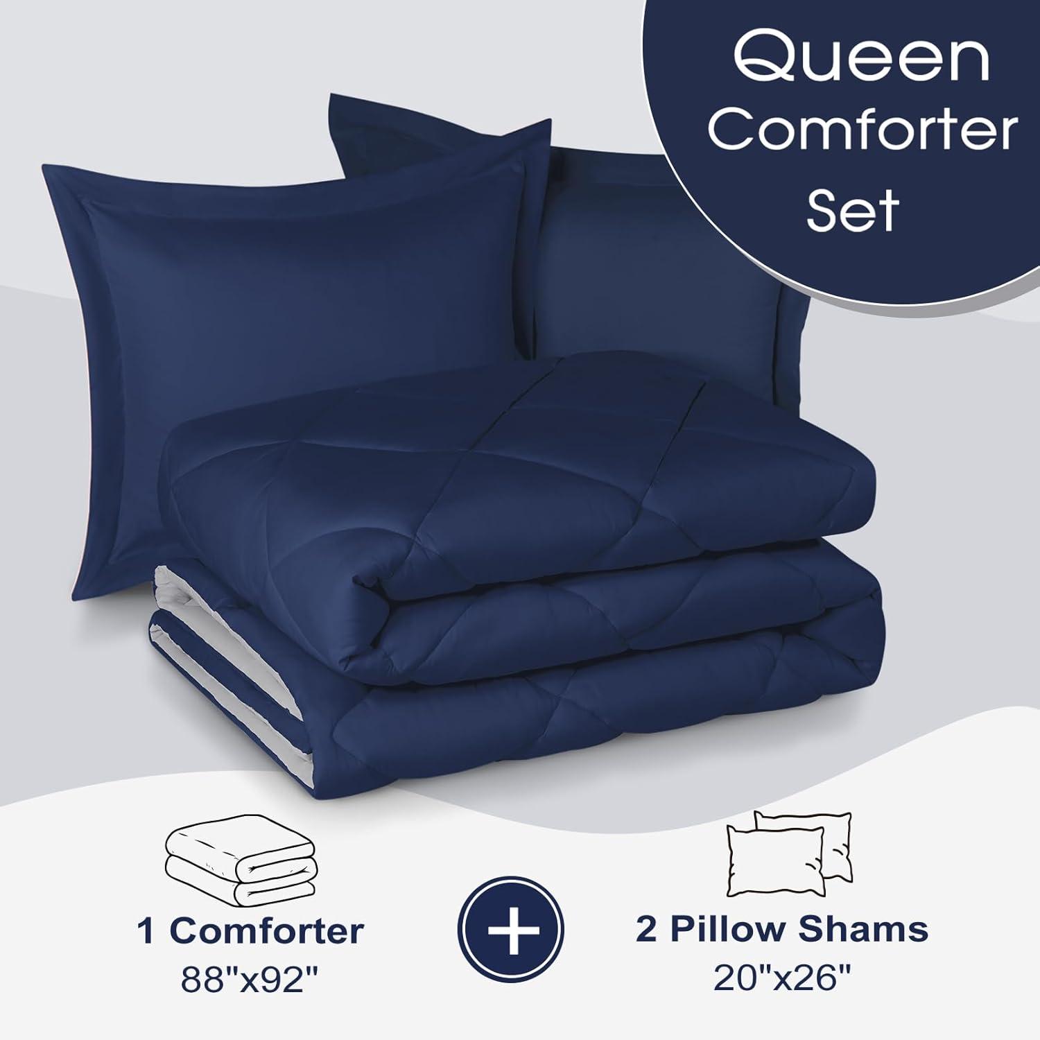 Navy and Light Gray Reversible Queen Microfiber Comforter Set