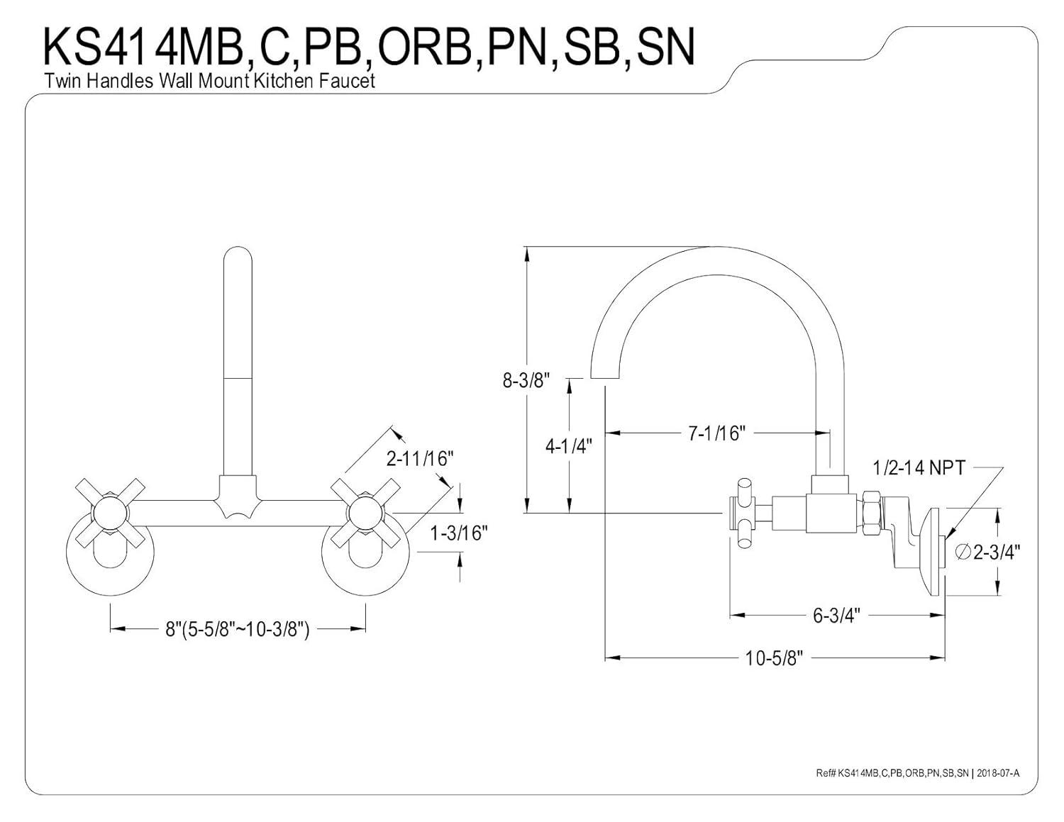 Kingston Brass Kingston Brass Concord Double-Handle 2-Hole Wall-Mount Bridge Kitchen Faucet KS414PB