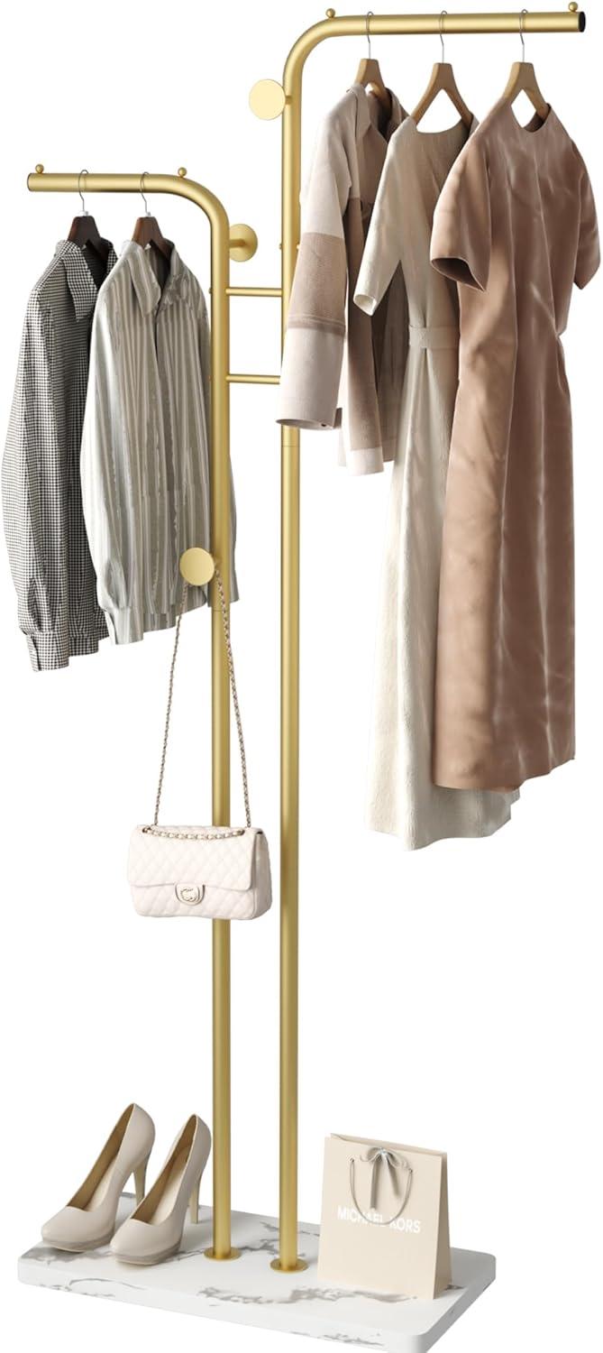 Gold Freestanding Metal Coat Rack with Marble Base and 5 Hooks