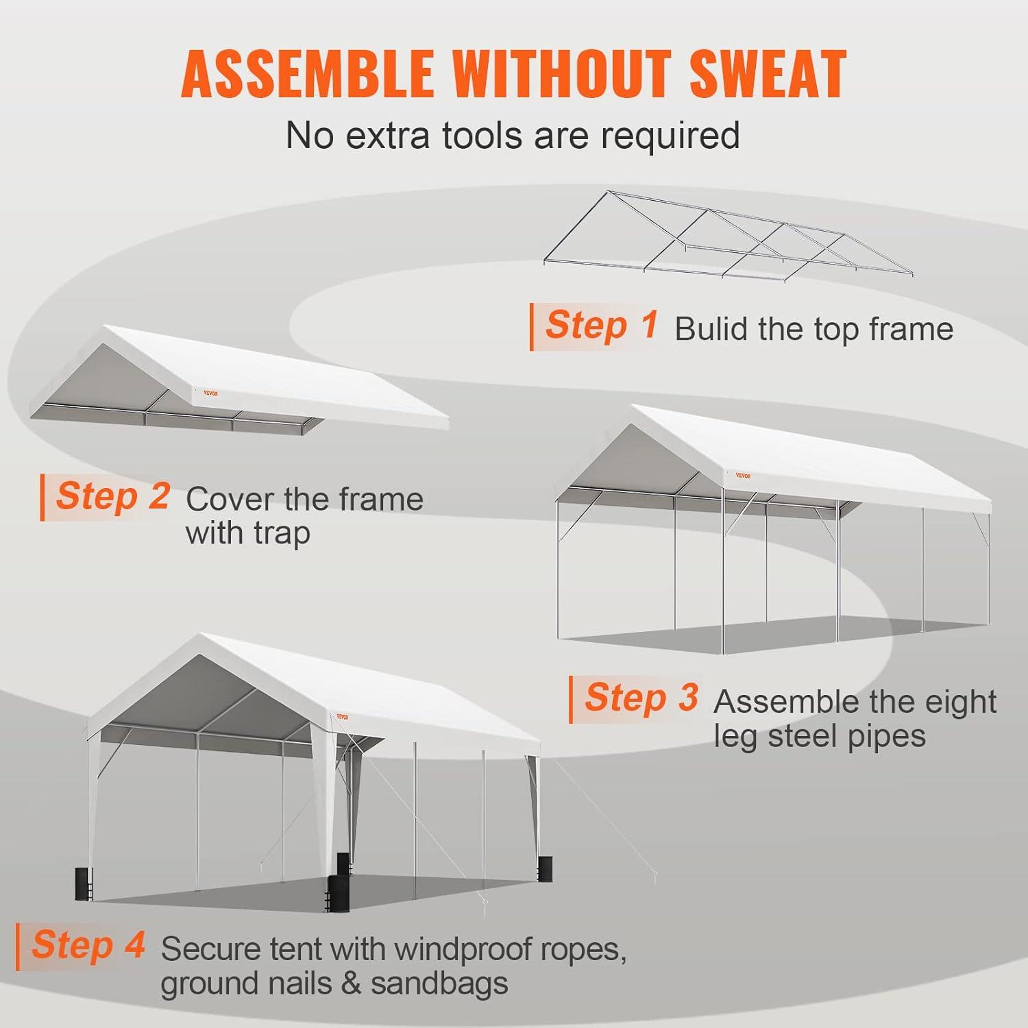 10' x 20' White Portable Galvanized Steel Carport Canopy