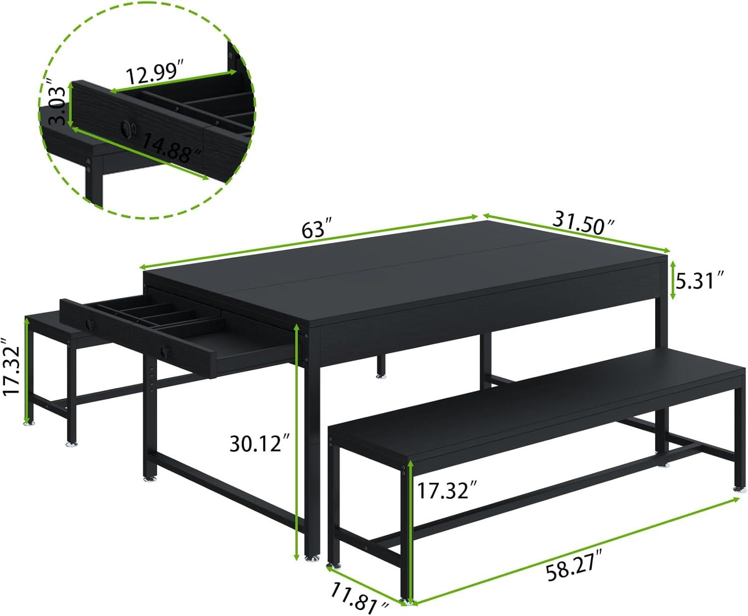 17 Stories Zubie 63"Dining Table Set for 4-6, 3-Piece Kitchen Table with 2 Utensil Drawers,2 Benches&Wine Rack
