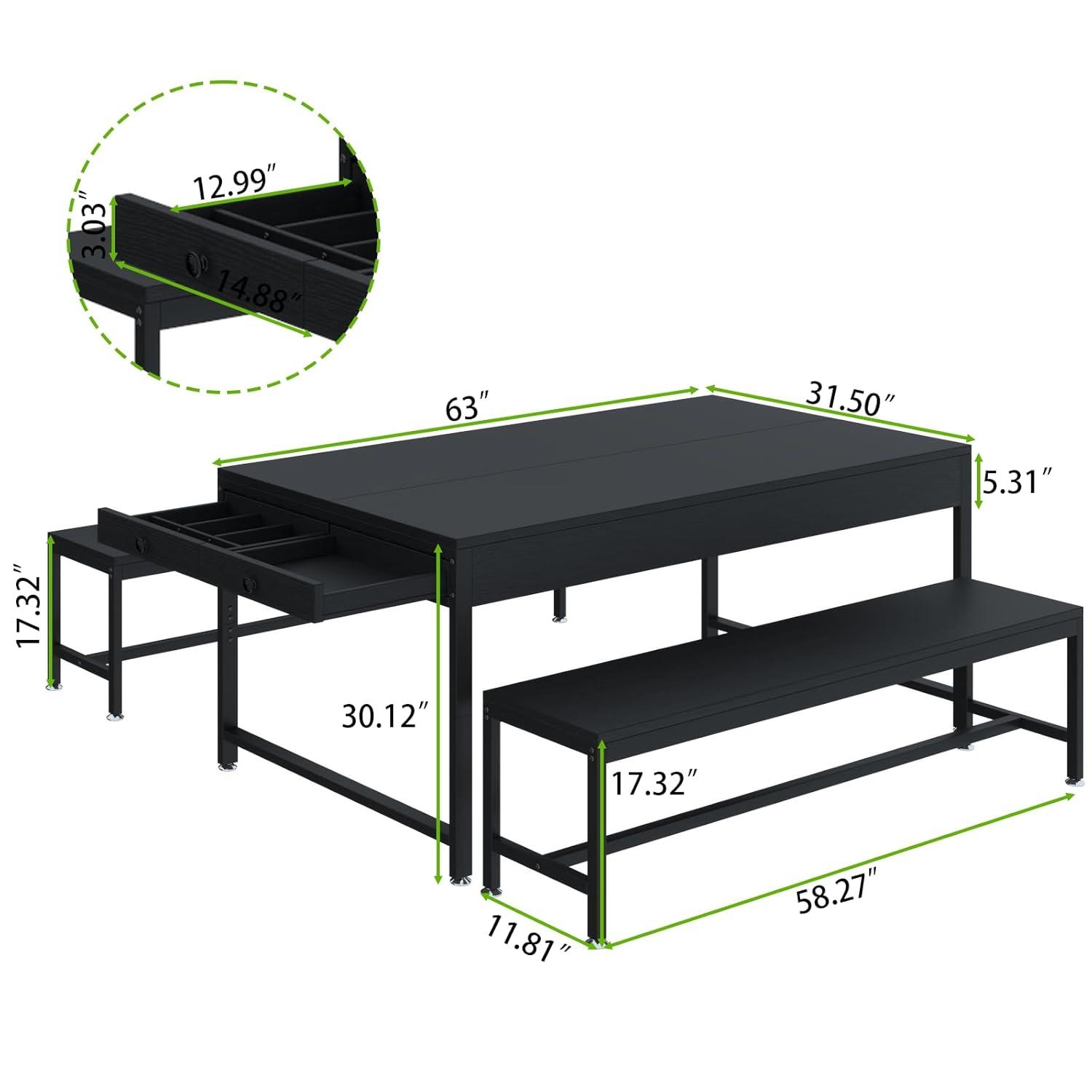 17 Stories Zubie 63"Dining Table Set for 4-6, 3-Piece Kitchen Table with 2 Utensil Drawers,2 Benches&Wine Rack