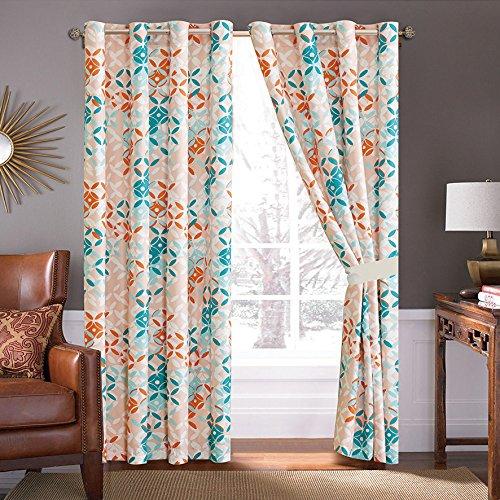 GrandLinen - 4 Piece Turquoise Blue/Orange/Grey Patchwork Microfiber Curtain Set 108 inch Wide X 84 inch Long (2 Window Panels, 2 Ties)