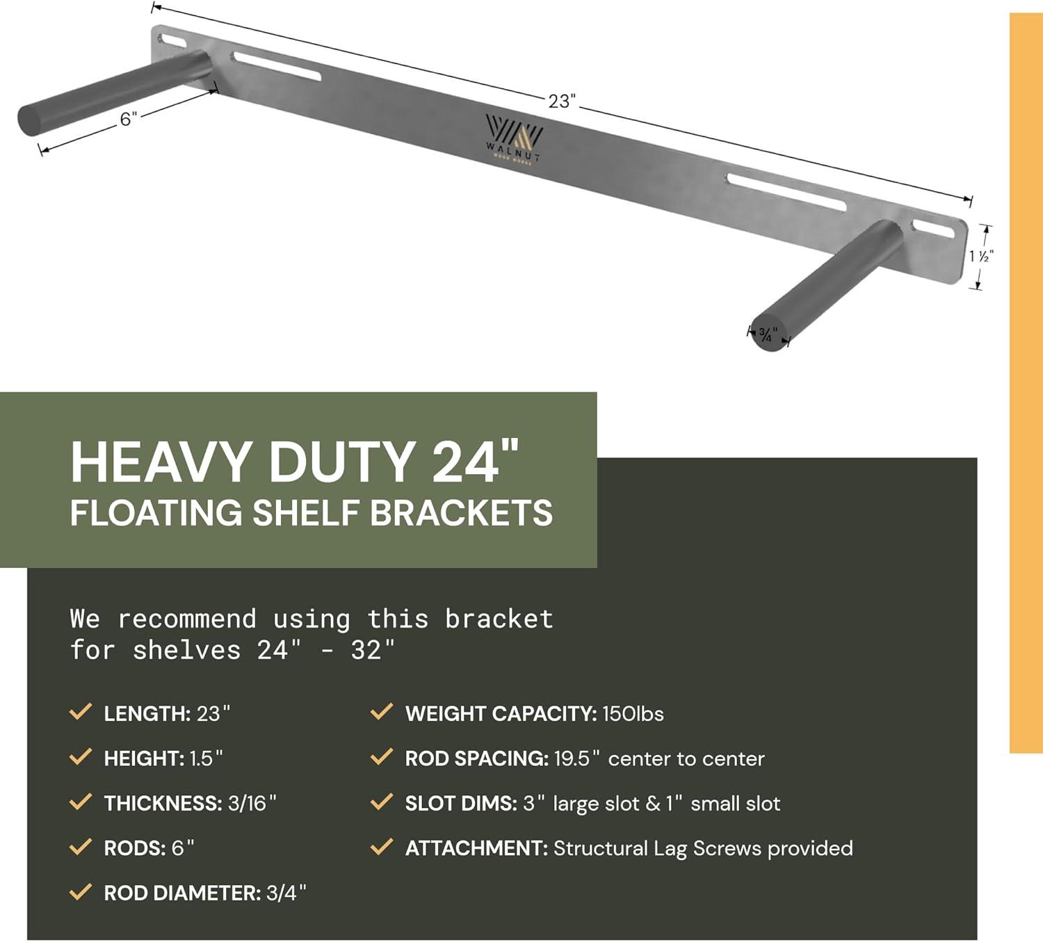 24" Heavy Duty Steel Floating Shelf Bracket with Support Rods