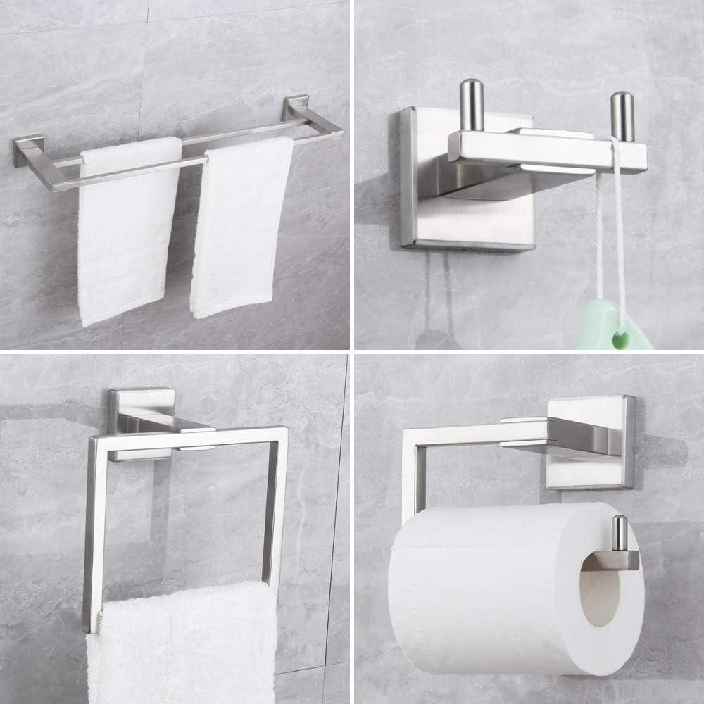 Brushed 4-Piece Bathroom Hardware Set Premium Stainless Steel Bath Towel Bar Sets Wall Mounted Square Bathroom Accessories Kit (Silver)