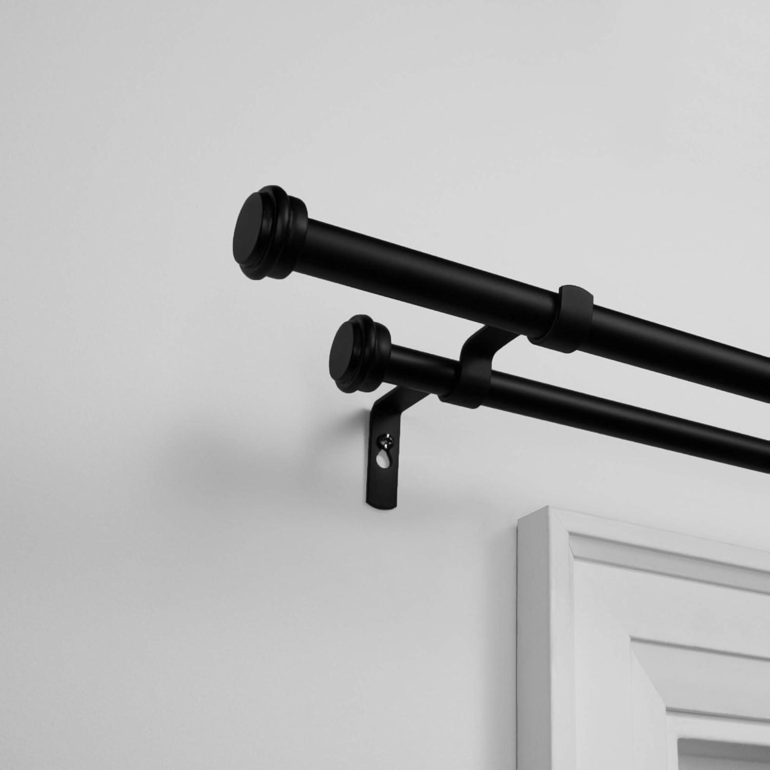 Exclusive Home 36"-72" Topper Double Curtain Rod - Matte Black: Adjustable Iron Set, 25 lb Capacity, Flat Cap Finial