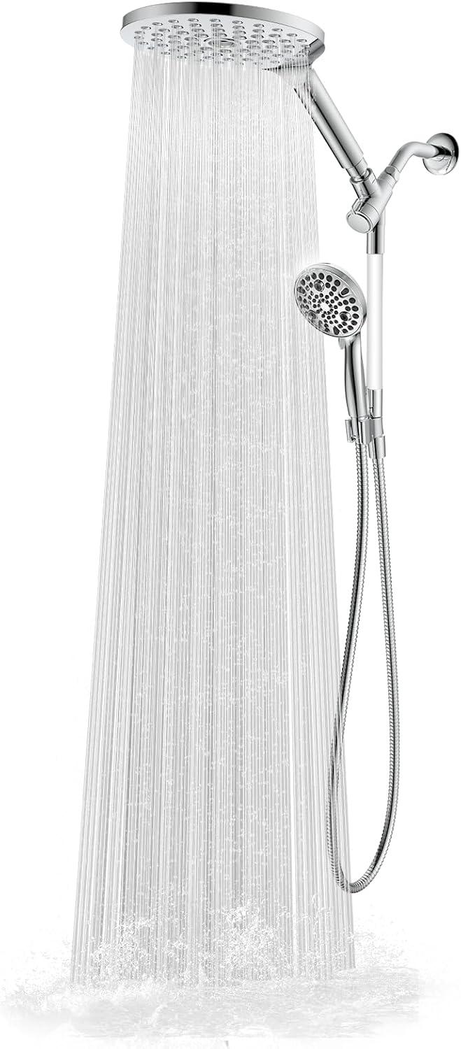 Dual Handheld Shower Head Combo, 2-in-1 Rain Shower Heads System 8 Inch Rainfall Shower Head and 10 Modes High Pressure Hand Held Showerhead with Built-in Power Wash