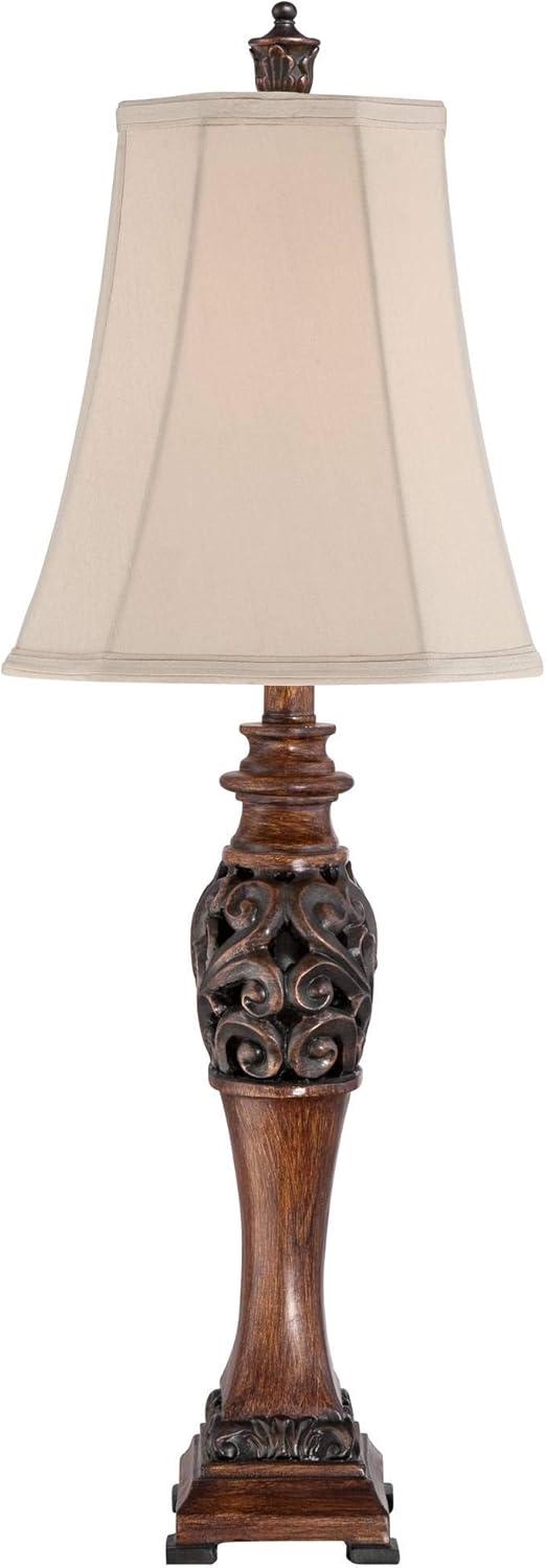 Regency Hill Exeter Traditional Table Lamps 30" Tall Set of 2 Bronze Wood Carved Leaf Cream Rectangular Bell Shade for Bedroom Living Room Bedside