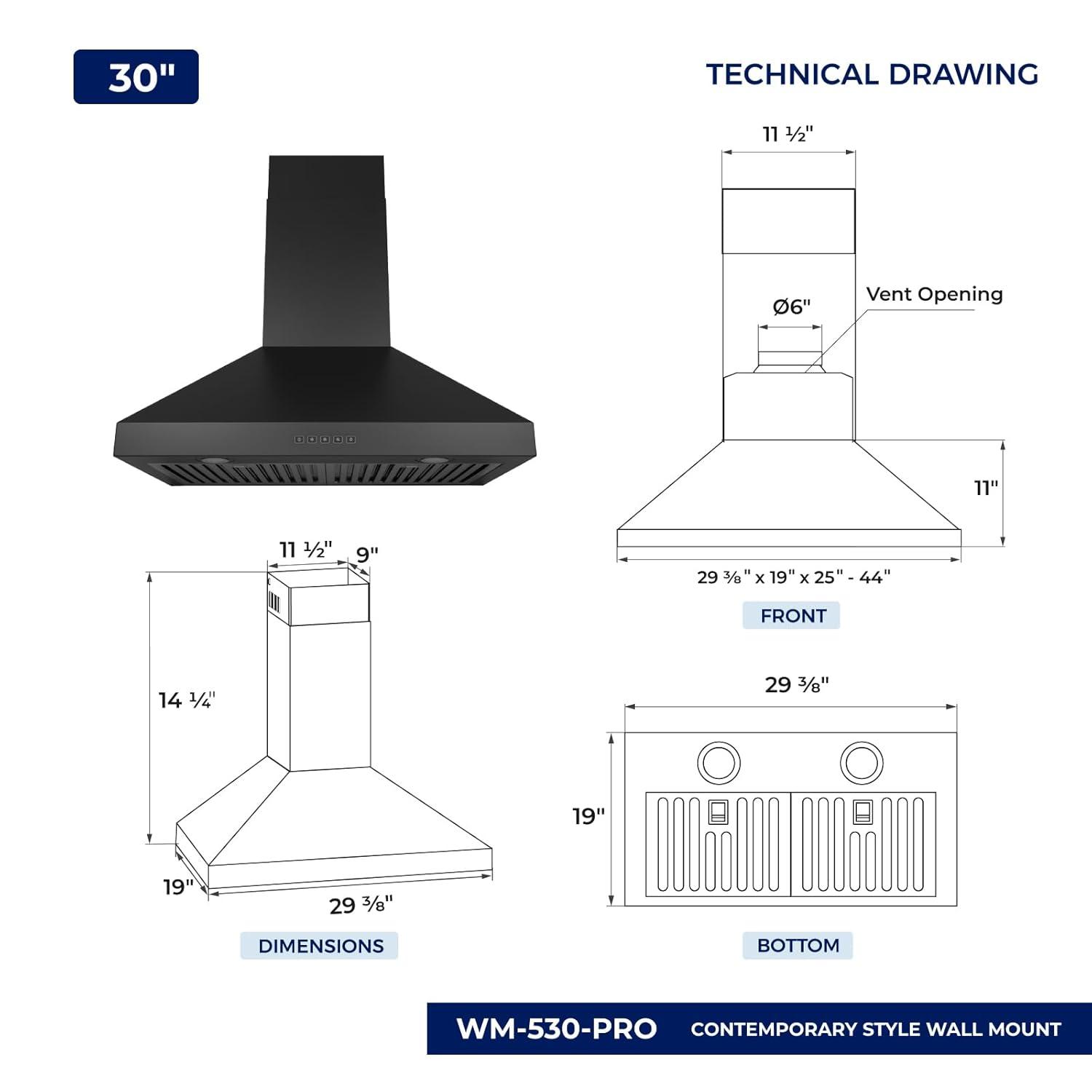 Hauslane Hauslane Wall Mount Range Hood 30 Inch | Wall Chimney | 6” Duct/Ductless Convertible, Strong Suction, Six-layer Aluminum Filters, Changeable LED Lamps, Stove Kitchen Vent Hood WM-530BLK-30B