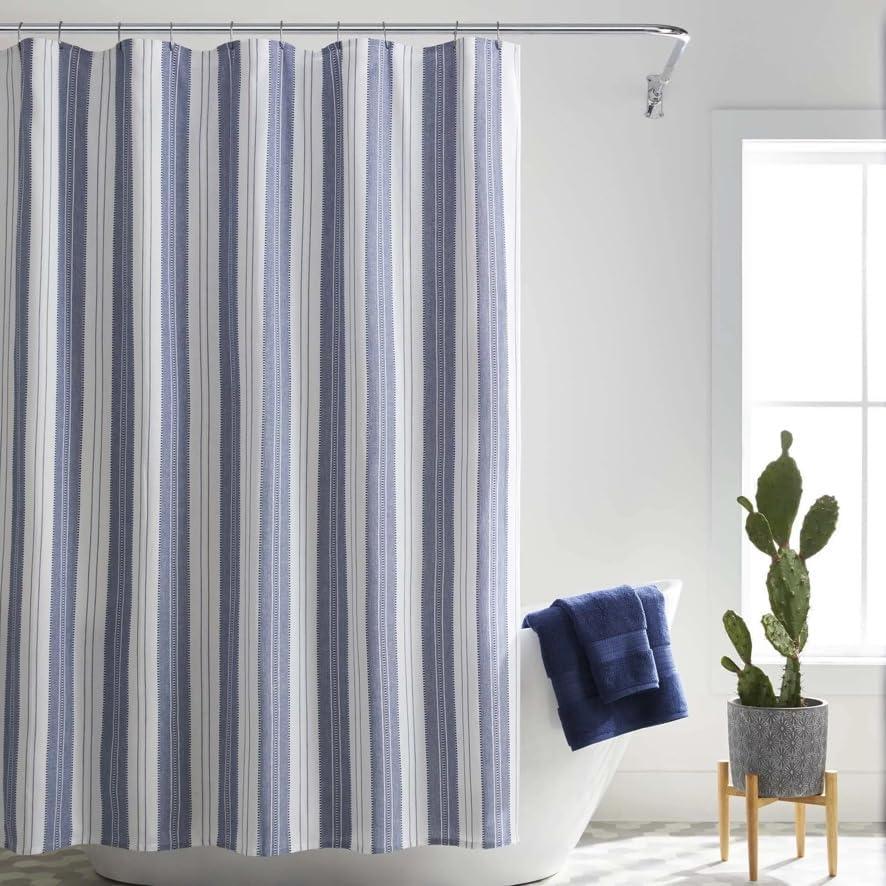 Nautical Striped Blue and White Cotton Shower Curtain 72" x 72"